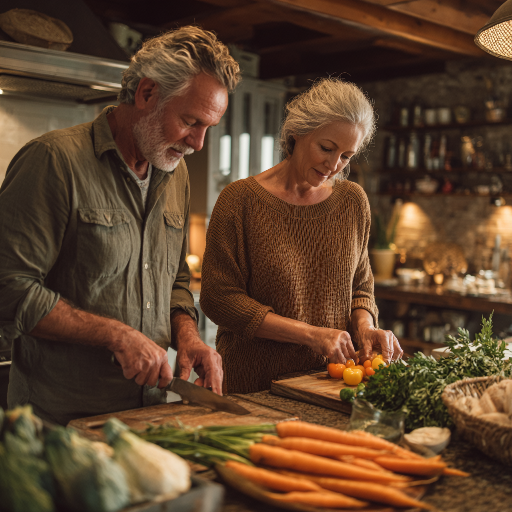 Middle-aged adults preparing fresh vegetables in a calm kitchen environment