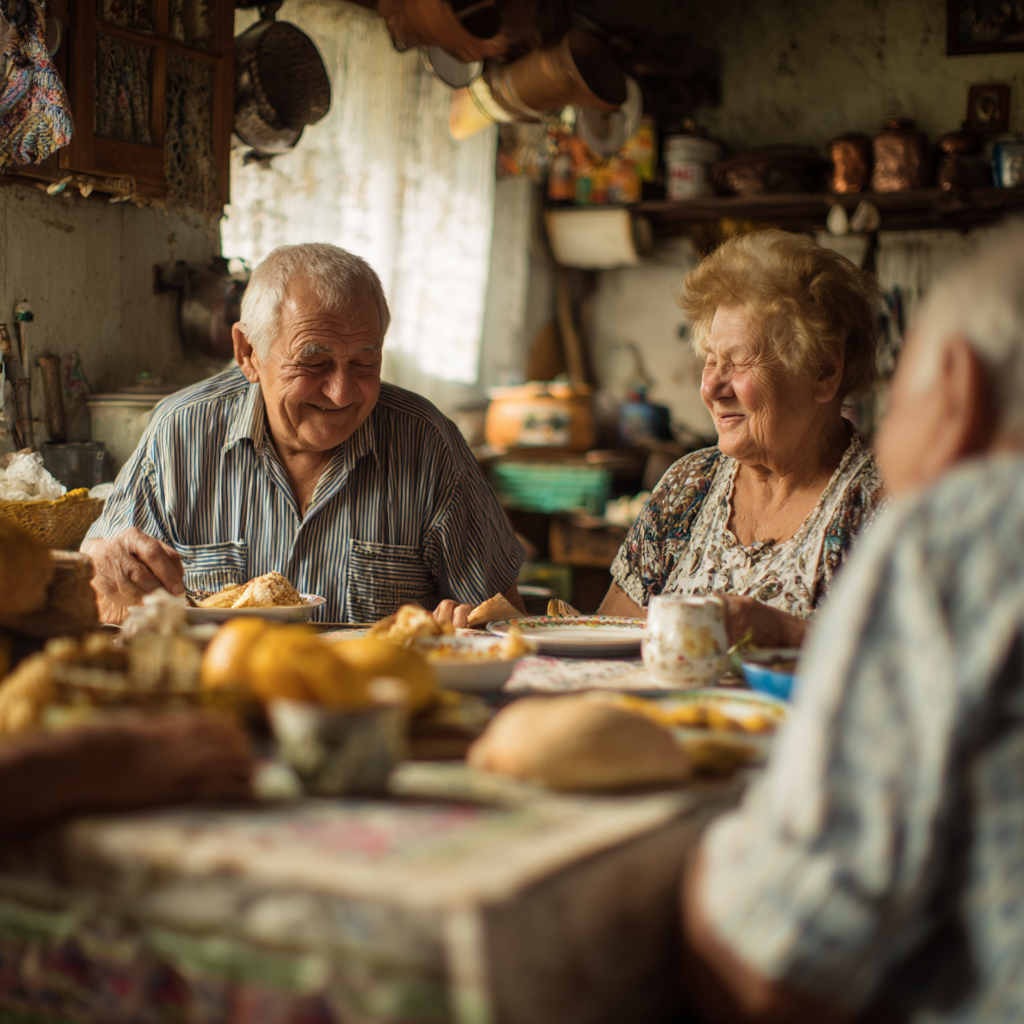 Older adults enjoying a peaceful meal together in a well-organized kitchen